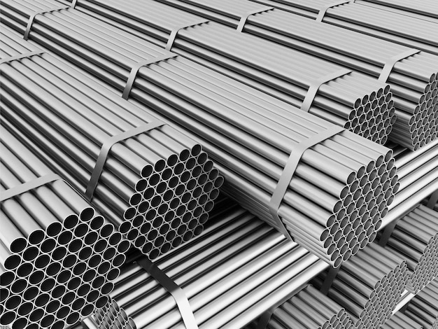 Steel pipes profile stack in stockpile Stainless steel profiles 3D rendering