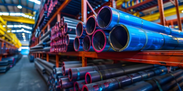 Steel pipes on shelves in a warehouse used in metallurgy industry Concept Steel Pipes Warehouse Storage Metallurgy Industry Industrial Setting Organized Shelves