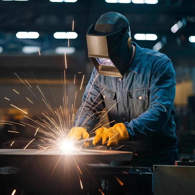 Steel Plate Cutting Male Worker with Laser Machine Industrial Equipment Sparks Flash Welding Closeup