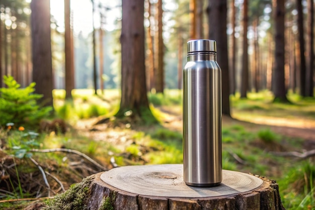 Steel thermo water bottle Be plastic free Zero waste Copy space Zero waste no plastic Water bottle on wooden stump in the middle of woods