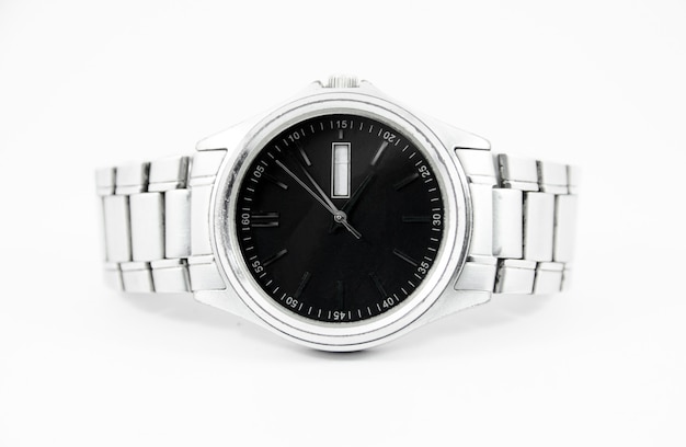 Steel watch with black face on isolated