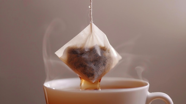 Steeping Tea Bag in Hot Water CloseUp Image