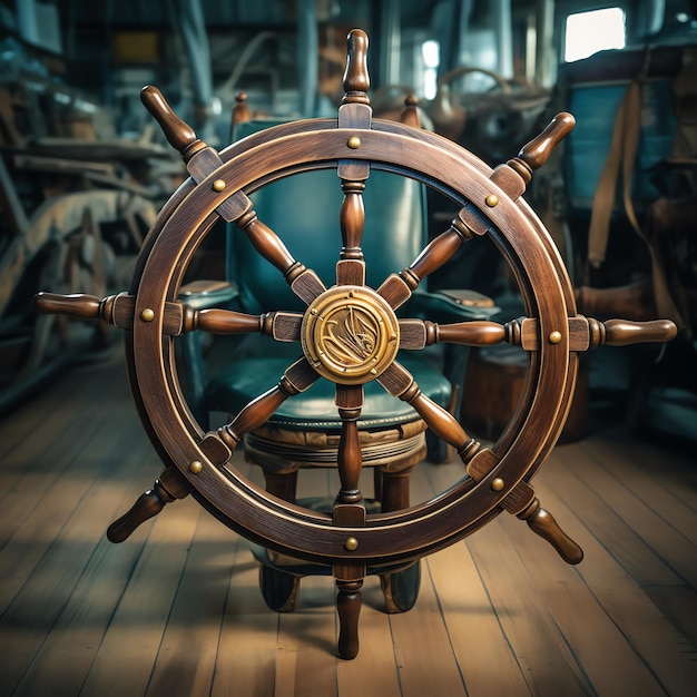 a steering wheel on a wooden floor