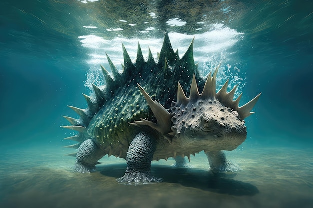 Stegosaurus in water with its head above the surface and its tail below created with generative ai