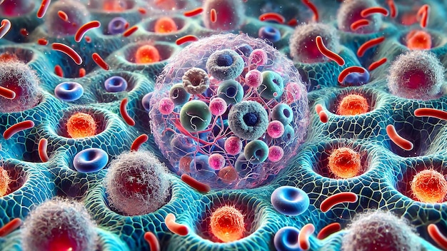 stem cells interacting with immune cells in a regenerative medicine scenario