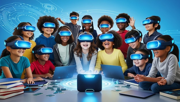 Photo stem day kids explore virtual worlds with vr headsets for science tech