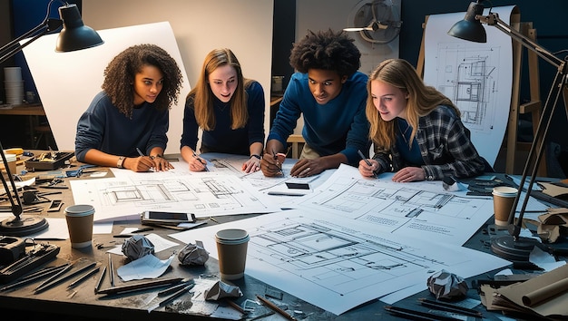 Photo stem day students designing blueprints for new inventions on large sheets