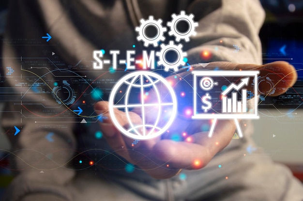 STEM Smart Industrial Technological Innovation concept Science Technology Engineering Math Industry 50 Engineer using virtual touchscreen touched stem iconx9