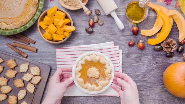 Step by step. Baking home made pumpkin pie for Thanksgiving dinner.