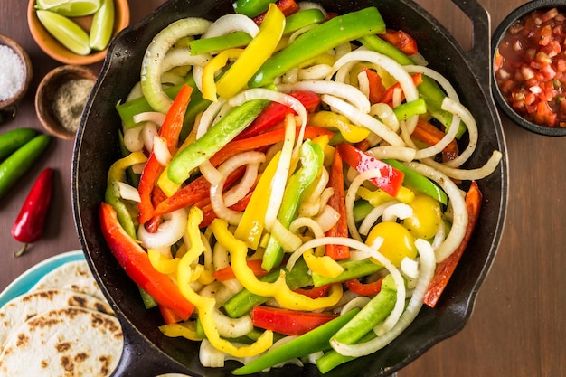 Step by step. Frying fresh vegetables in large cast iron pan for steak fajitas.