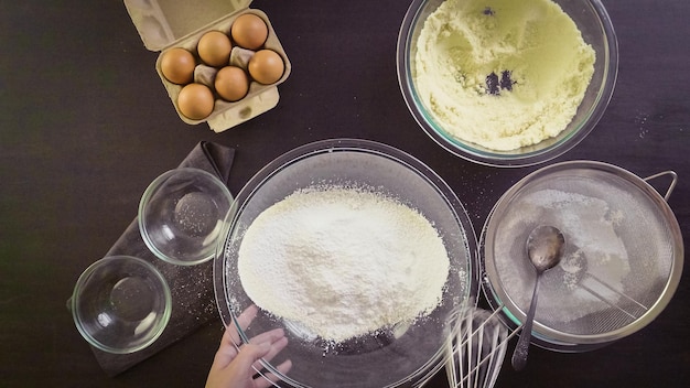 Step by step. Ingredients for baking french macarons on the table.