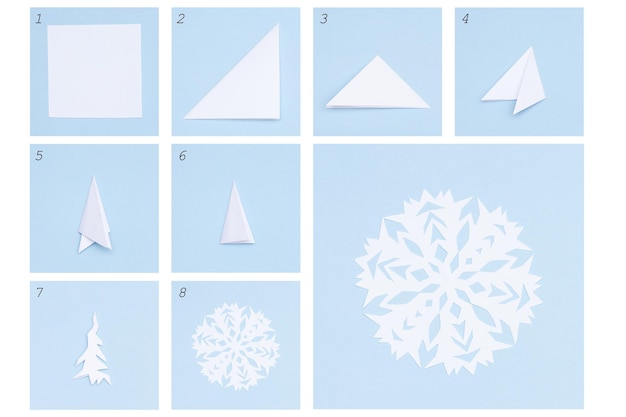 Photo step by step instruction how to make paper snowflake. diy concept.