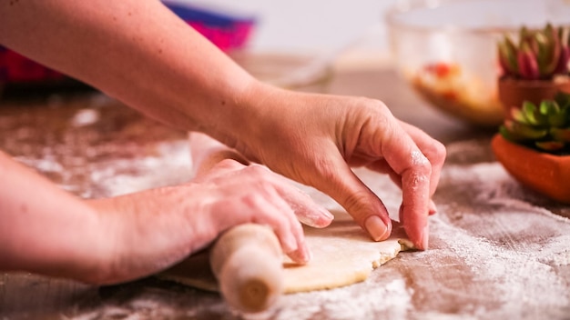 Step by step. Rolling dough for home made empanadas.