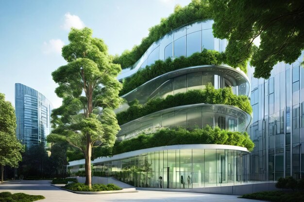 Step into the future with our ecofriendly glass office building seamlessly blending