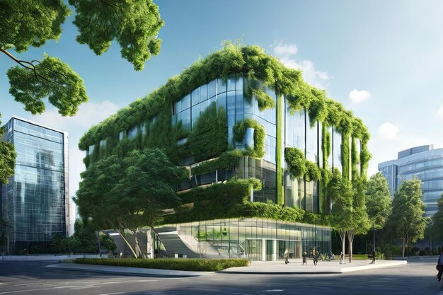 Step into the future with our ecofriendly glass office building seamlessly blending