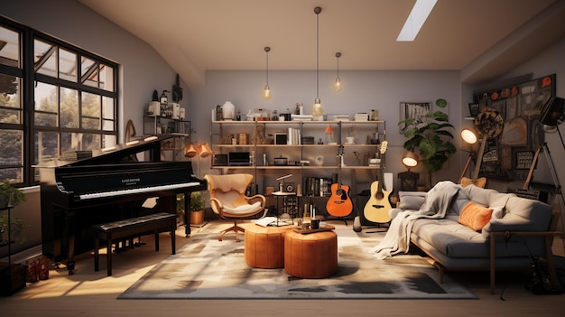 Photo step into a living room designed for a musician