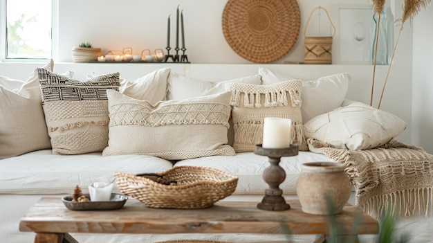 Step into a modern boho living room where comfort meets style The white sofa is complemented by decorative pillows and a wooden table with candles and natural elements creates a serene atmosphere