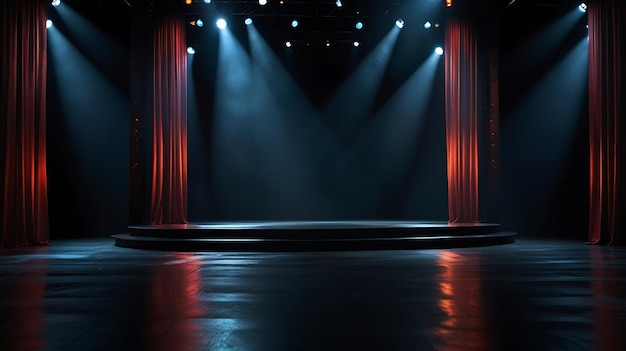 Step into the spotlight with our atmospheric empty stage scene elegantly set on a dark floor