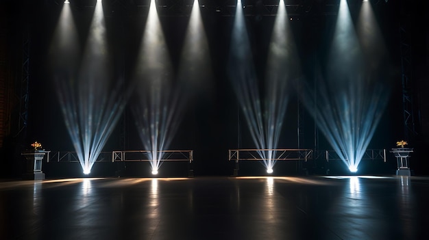 Step into the spotlight with our atmospheric empty stage scene elegantly set on a dark floor