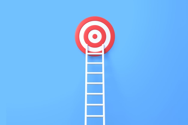 Step ladder and target on a blue wall with copy space 3D render illustration