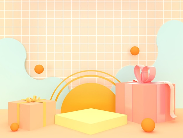 Step stage podium with pastel gift boxes on background Pedestal for kid product presentation Geometric 3D render