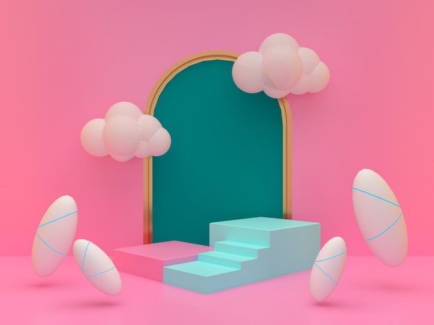 Step stage podiums with floating clouds and rugby balls with green arch on pink background Pedestal for kid product presentation Geometric 3D render