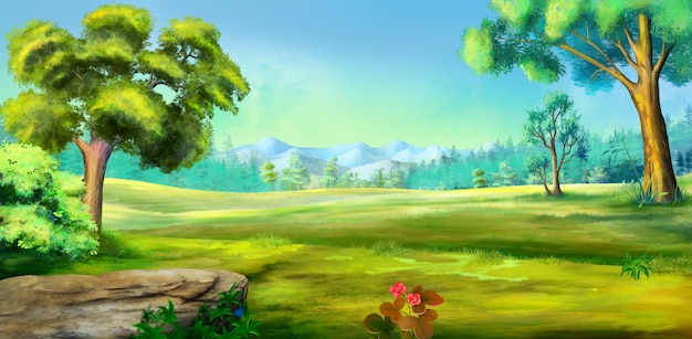 Steppe landscape on a sunny summer day Digital Painting Background Illustration