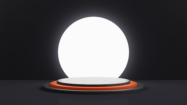 A stepped podium in black with an orange step in the middle. Large white light on a background in the form of a circle. 3d render.