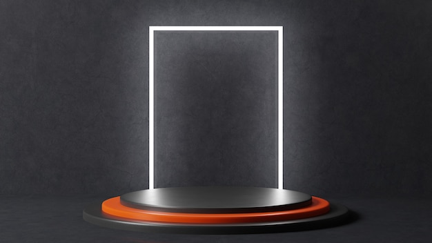 A stepped podium in black with an orange step in the middle. Large white light on a rectangular background. 3d render.