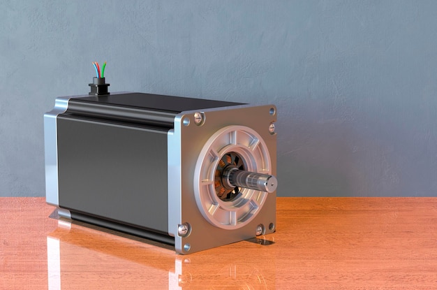 Stepper motor on wooden desk 3D rendering