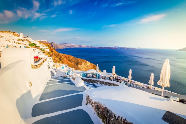 steps and blue waters of Aegan sea beautiful details of Santorini island Greece