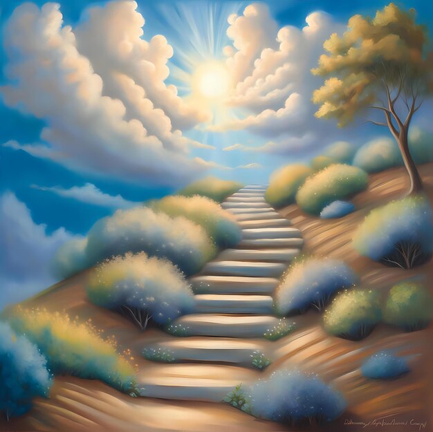 Photo steps to clarity stairway under blue sky with fluffy clouds