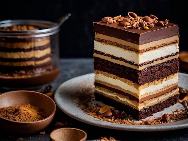 The steps involved in baking a layered opera cake and its key ingredients