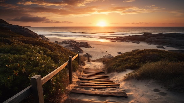 Steps leading to the beach at sunset