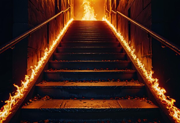 Steps leading to a Halloween party entrance resembling a fiery stairway