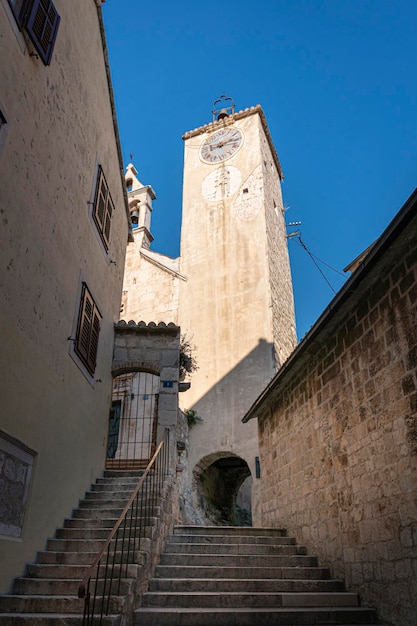 Steps leading up to the church of Saint Rocco in the old town of Omis, Croatia