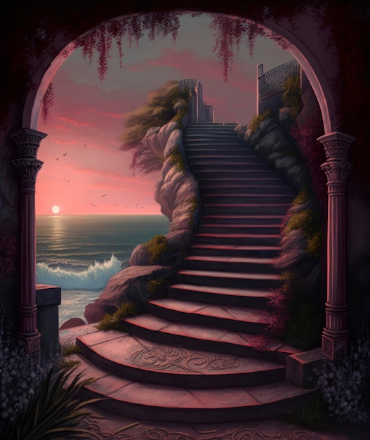 The steps that lead up to the entrance at sunset in the style of decorative backgrounds