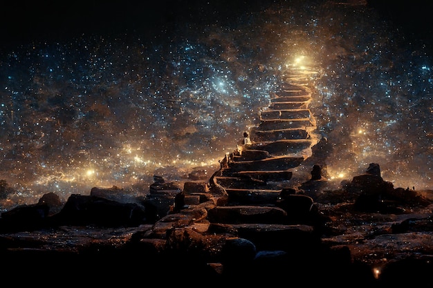 Steps up into cosmos dark and bright stars illustration painting