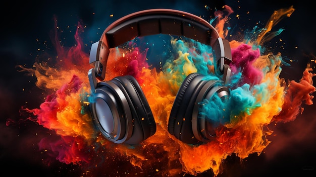 Stereo headphones exploding in festive colorful splash flame and smoke with vibrant light effects o