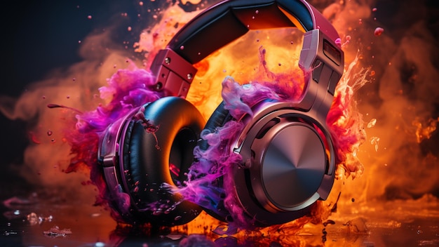 Stereo headphones exploding in festive colorful splash flame and smoke with vibrant light effects o