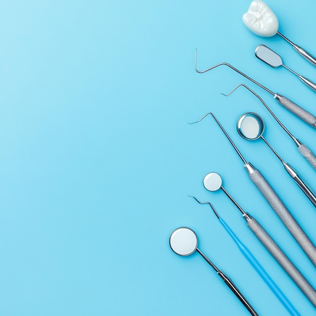 Sterile Dental Tools and Equipment on Blue Background