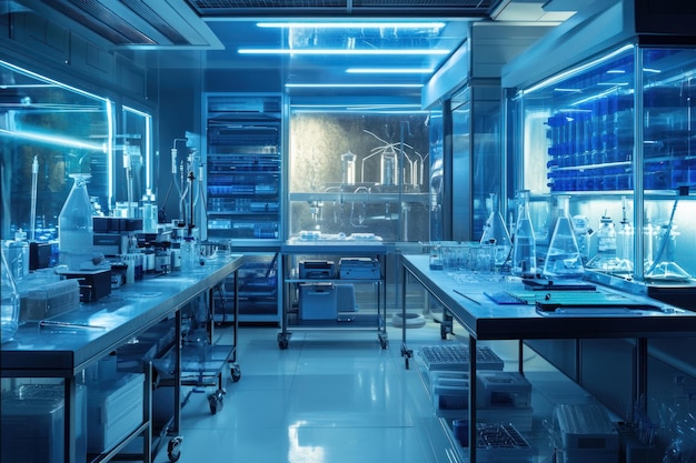 Photo a sterile laboratory with stainless steel tables glassware and blue lighting