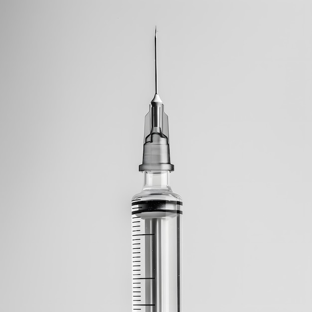 Photo sterile medical syringe with a transparent barrel and sharp needle filled with clear liquid positioned on a clean white background