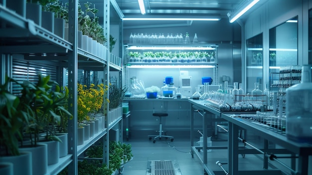 Photo a sterile modern laboratory with rows of plants and scientific equipment the lab represents i