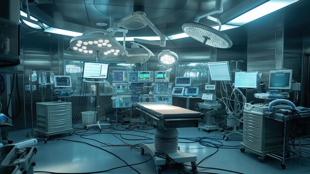 Photo a sterile surgical operating room equipped with advanced medical machinery illuminated by bright overhead lights ready for an upcoming operation and ensuring a controlled environment