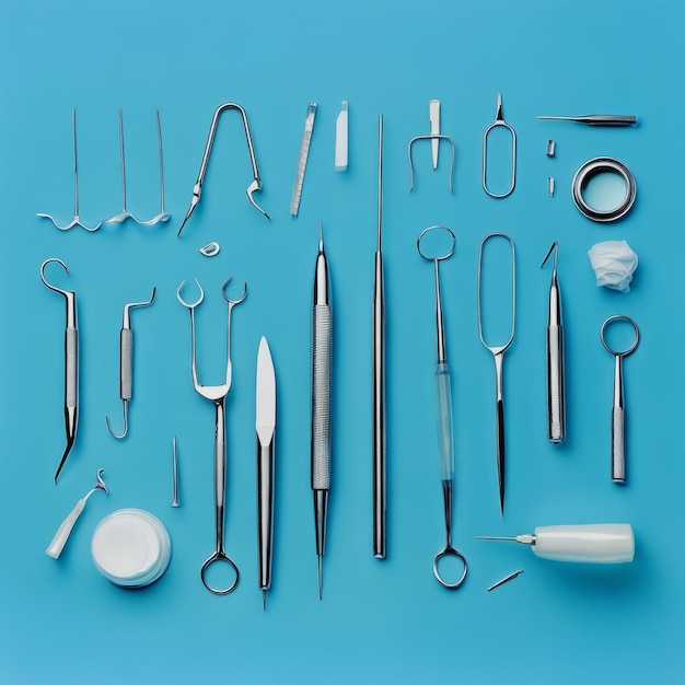 Photo sterile surgical tools a topdown view on blue background