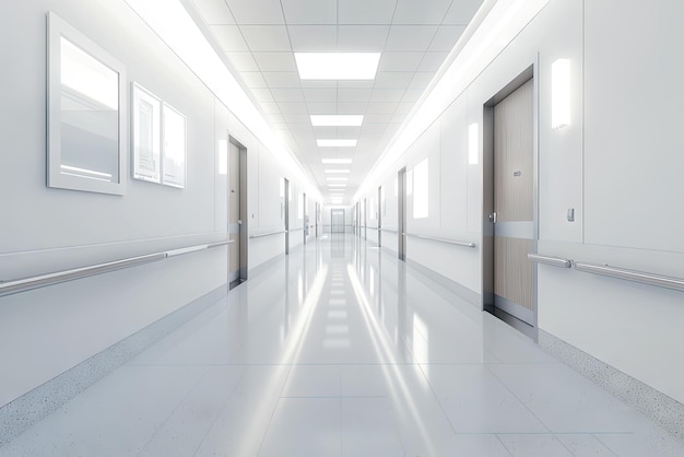 A Sterile Symphony A Long White Hospital Hallway bathed in bright lights exudes a sense of calm and order