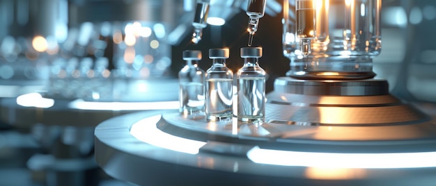 Photo sterling view of vials lined up on an advanced production line with precision nozzles in a cuttingedge shiny laboratory setting