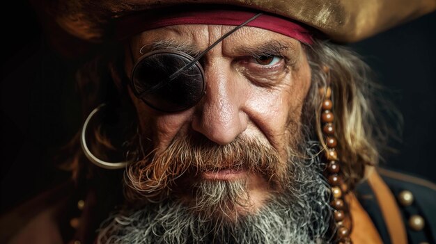 Photo a stern weathered pirate stares intensely at the viewer with one eye the other covered by a leather eyepatch his long gray beard is adorned with a beaded necklace