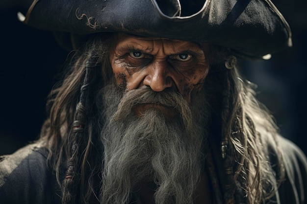 Photo sternfaced pirate captain with a tricorn hat and eye tattoo in dim light generative ai